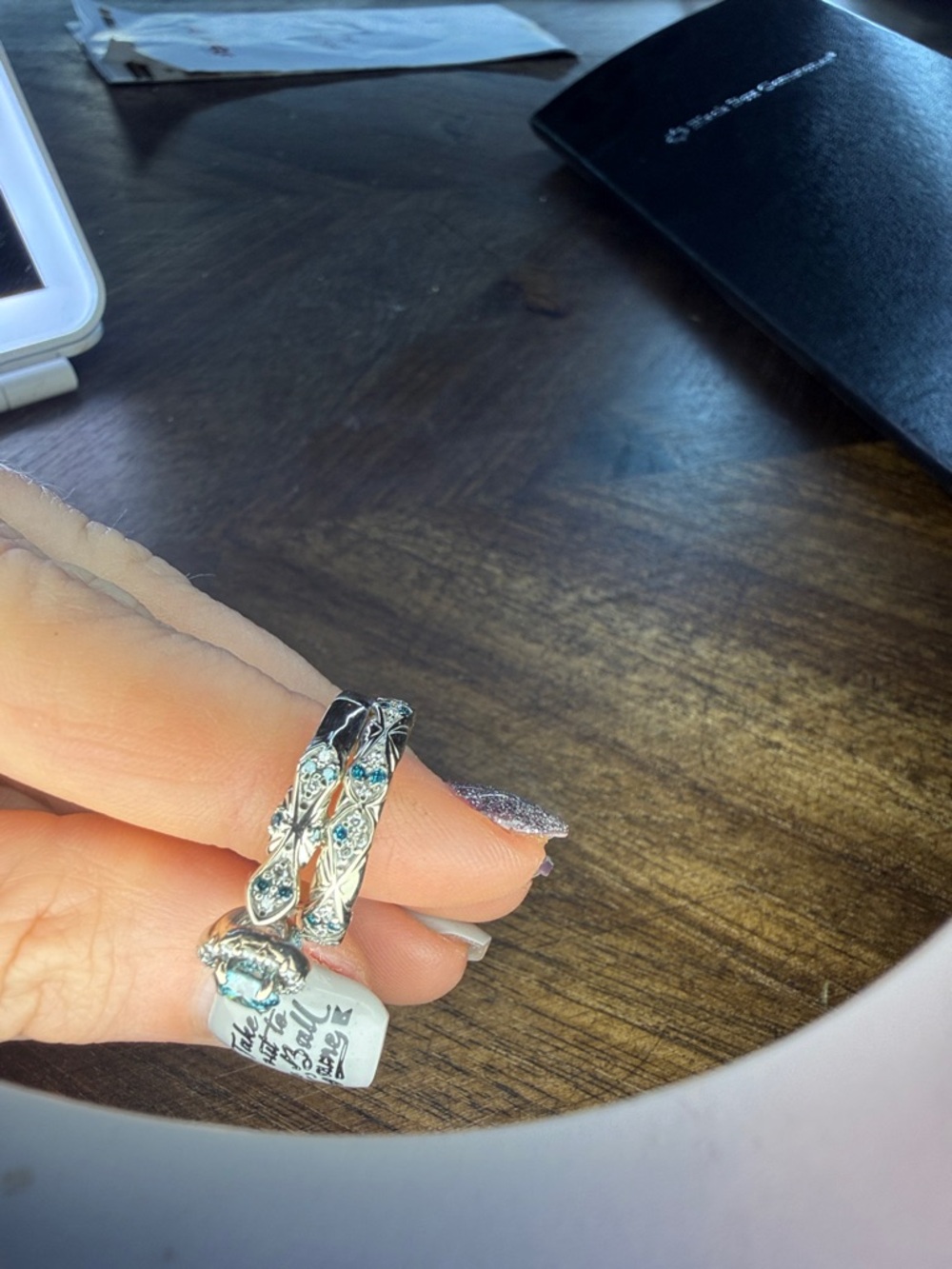 Custom White Gold, Blue Diamond Halo Engagement and Wedding Band - Women Jewelry - Picture 4 of 4